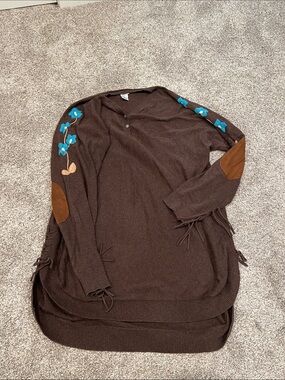 Tasha Polizzi Long Brown Embroidered Sweater Tunic Fringe Detail small repair XL
